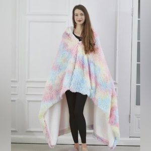 Rainbow Frost Hooded Sherpa Throw Blanket NWT